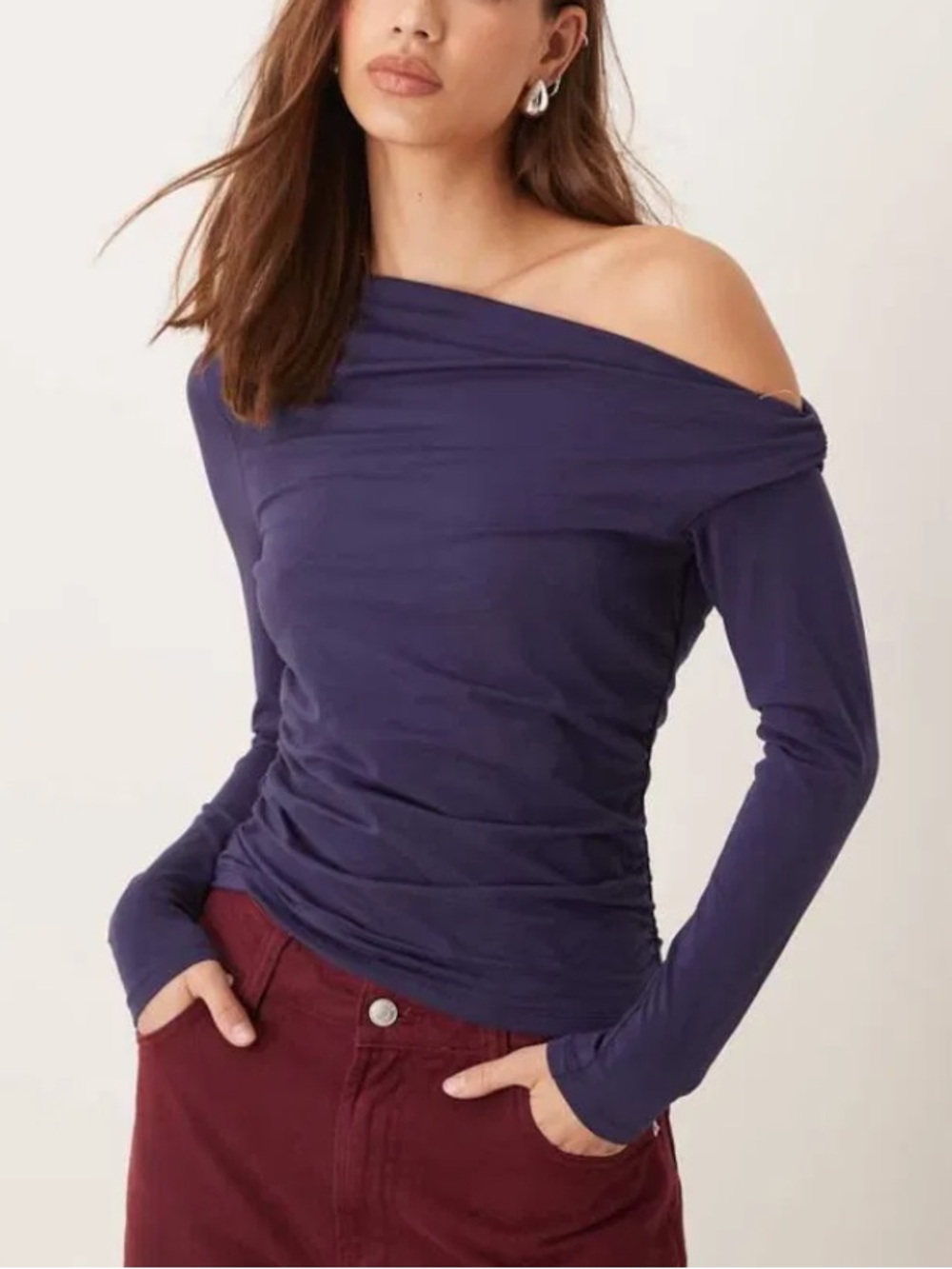 Abercrombie & Fitch One Shoulder Ruched Modal Blend Top Navy Blue Purple Medium